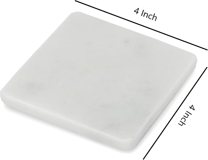 Queenza White Marble Coaster Set with Holder, 4 Inch Square Modern Coasters for Coffee Table - Coasters with Padded Bottom