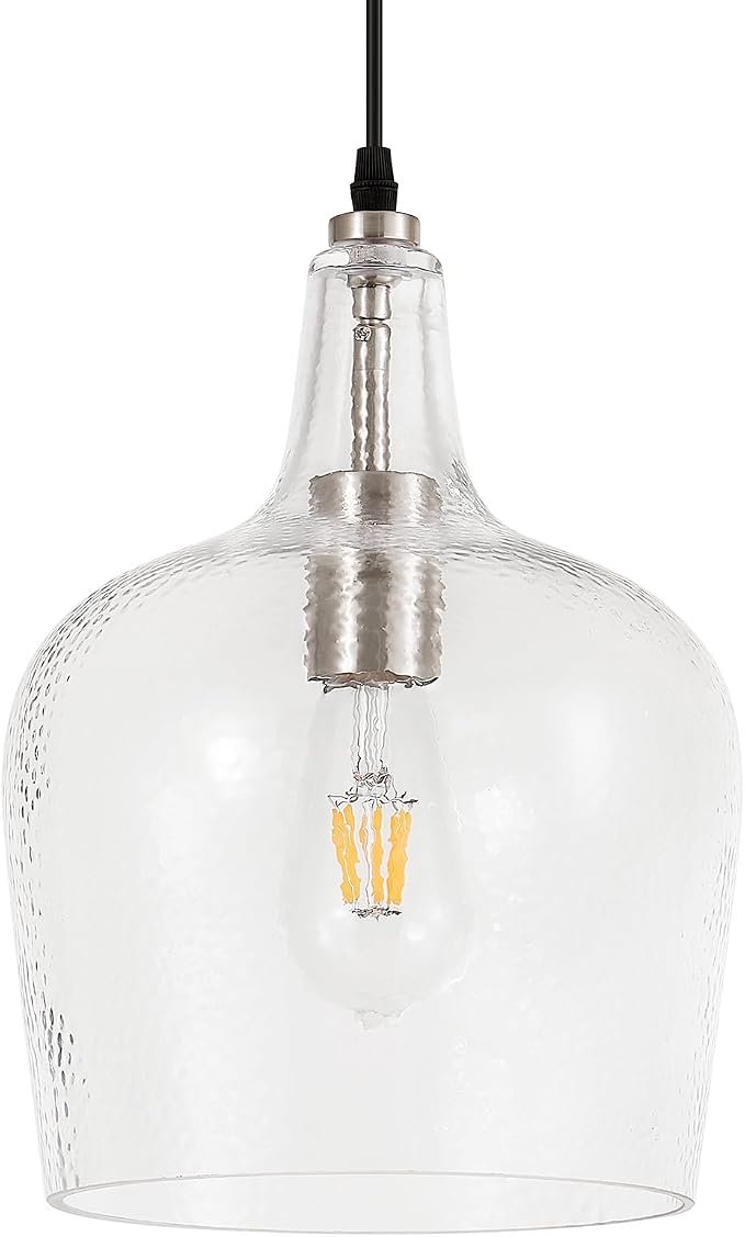 Large Hammered Glass Pendant Light Modern Brushed Nicklel 1 Light Single Dome Pendant Lighting Fixtures for Kitchen Island Dining Room Hallway, Dia 10 Inch, UL Listed