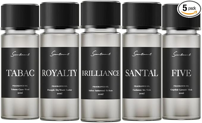 Scentiment Designer Diffuser Oils – 5 Pack (20ml Each) | Santal (Sandalwood), Tabac (Tobacco & Cacao), Brilliance (Saffron & Amber), Royalty (Pineapple & Leather), Five (Citrus & Musk)