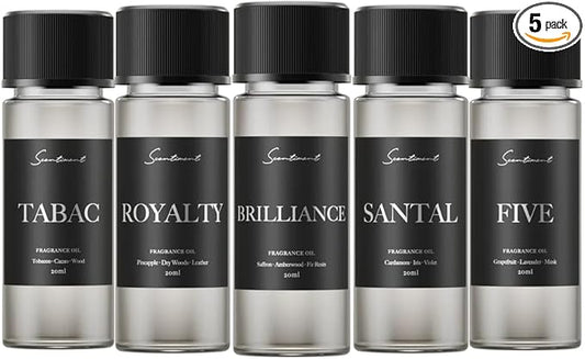 Scentiment Designer Diffuser Oils – 5 Pack (20ml Each) | Santal (Sandalwood), Tabac (Tobacco & Cacao), Brilliance (Saffron & Amber), Royalty (Pineapple & Leather), Five (Citrus & Musk)