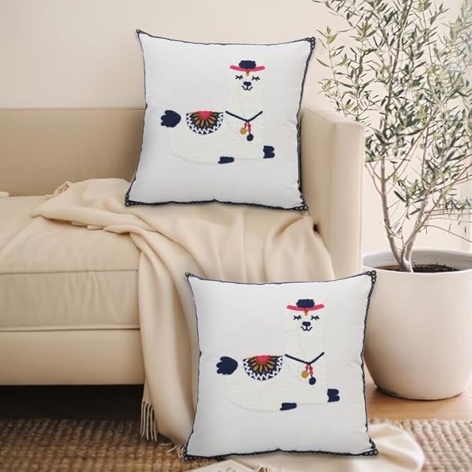Pack of 2 Embroidered Decorative Throw Pillow Cover 18x18 Inch Farmhouse Floral Pillowcase for Living Room Sofa Bed (Cute Llama)