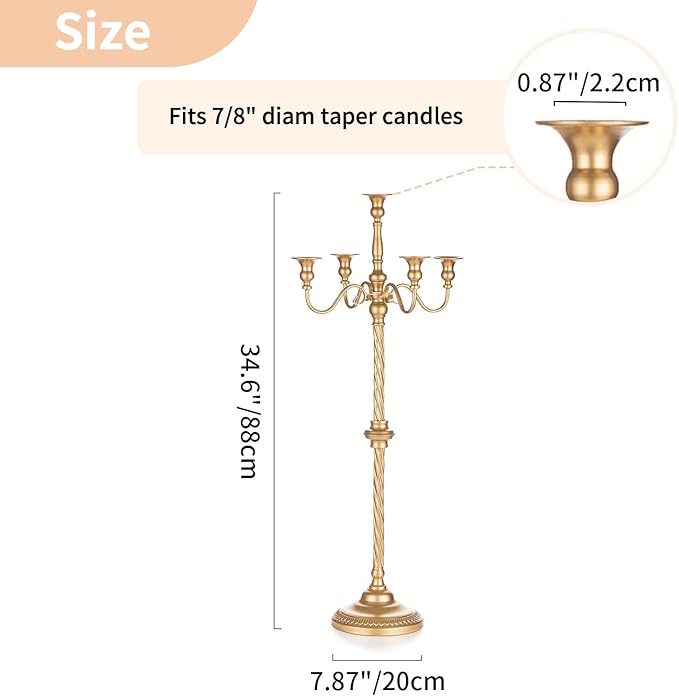 Nuptio Tall Gold Candelabras 34 Inch Candle Stick Holders Set of 2 Floor Candle Stand Taper Candle Holders for Classic Wedding Mantal Christmas Halloween Easter Home Table Centerpiece Decoration