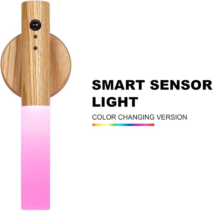 LANDGOO Wooden Motion Sensor RGB Night Lights Indoor, Magnet Body Hallway Rechargeable LED Wireless Battery Operated Wall Sconce (1, RGB Ash Wood)