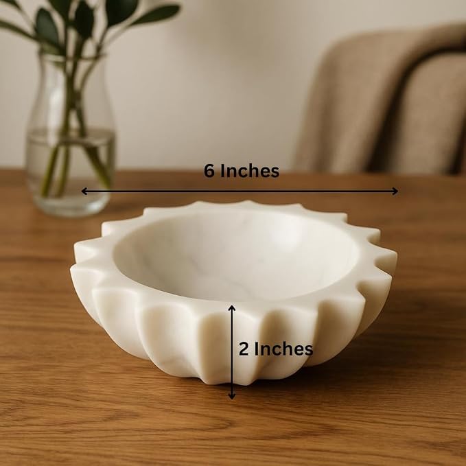 HandCrafted Marble Large Decorative Bowl | White Decorative Bowl for Home Decor | Fruit Bowl | Key/Ring Dish | Coffee Table Bowl | Fluted Scalloped Catch All Bowl for Entryway | Ideal Gift (6 Inches)