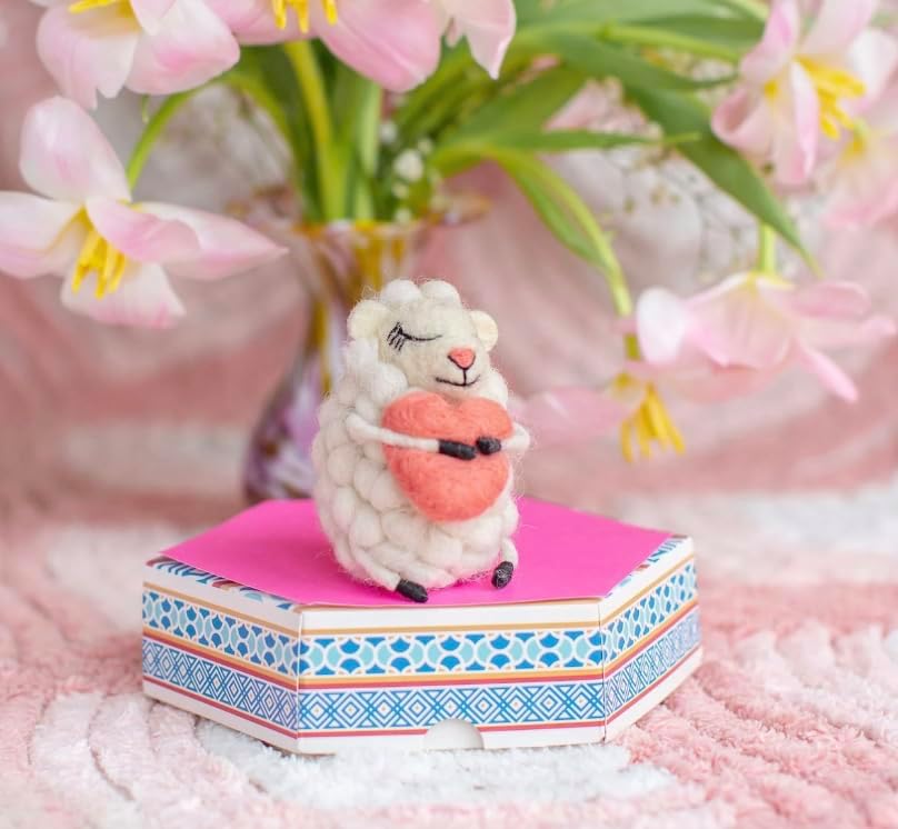 | Hand-Felted Loving Lottie Sheep Hugging Heart | Organic Wool Home Decor | Fair Trade Plush Animal Ornament | Gift for Any Occasion | Perfect for New Spaces & Home Accessories