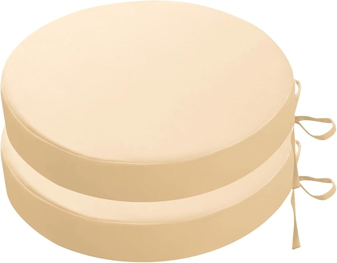 SK Studio Round Outdoor Chair Cushions for Patio Furniture, Set of 2 Waterproof Patio Chair Cushion with Adjustable Ties for Garden Sofa Couch, Khaki, 19"x19"x3"