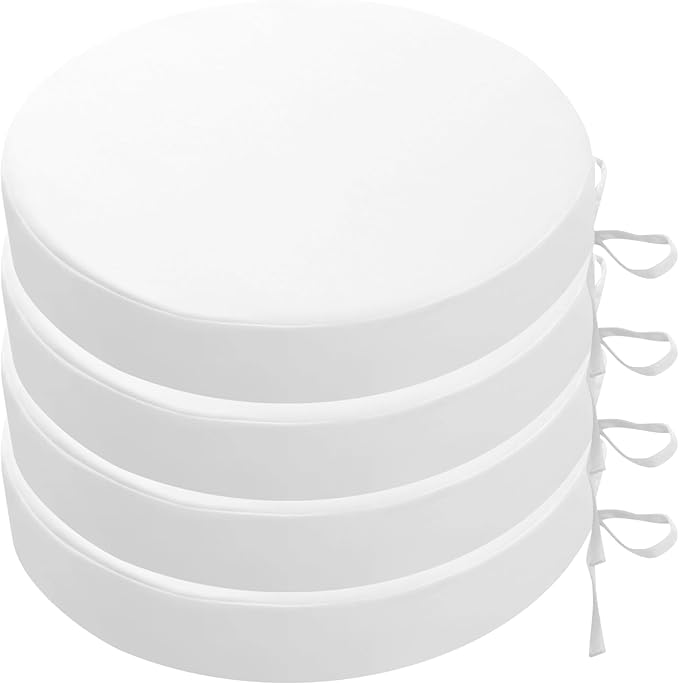 SK Studio Round Outdoor Chair Cushions for Patio Furniture, Set of 4 Waterproof Patio Chair Cushion with Adjustable Ties for Garden Sofa Couch, White, 19"x19"x3"