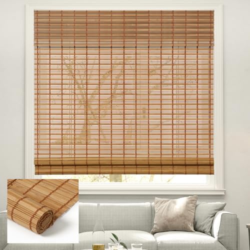 Kokorona Cordless Sheer Bamboo Roman Shades with Valance, Light Filtering Woven Bamboo Blinds for Windows, Natural Window Blinds Roll Up Shades for Home & Patio, 30" W x 64" H, Light Russet