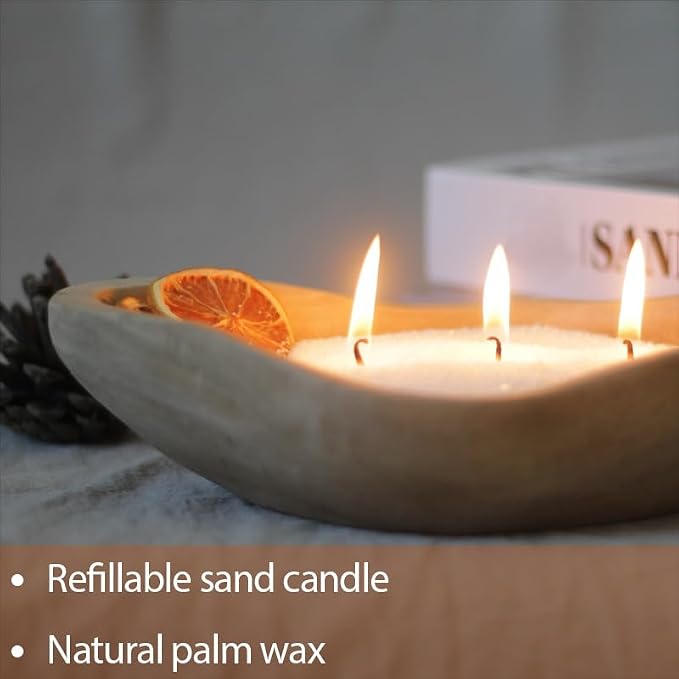 GrusoSP Reusable Wooden Dough Bowl Candle with 18 Oz Pearled Candle Sand and 30 Wicks Unscented Palm Sand Wax Refillable Powder Candles DIY Wax Making Kit (Black)