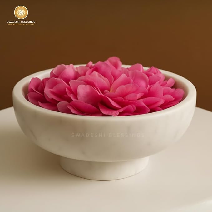 SWADESHI BLESSINGS Handcrafted Large Decorative Bowl for Home Decor, Marble Fruit Bowl for Kitchen Counter, Key Bowl for Entryway Table, Marble Pedestal Bowl for Dining Table Centerpiece Decor, 10.5”