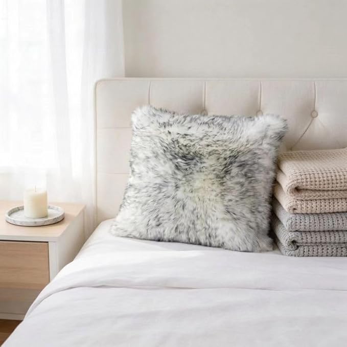 Luxury Soft Fur Sheepskin Fleece Cushion Cover Pillowcase Decorative Throw Pillows Covers, No Pillow Insert, (Silver Grey, Pack of 2)