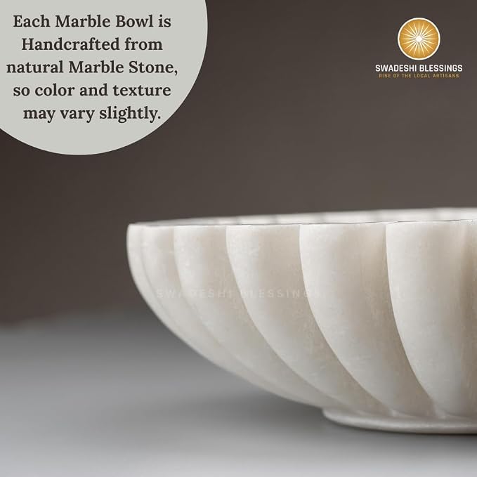 SWADESHI BLESSINGS HandCrafted Marble Ruffle Bowl/Antique Scallop Bowl/Fruit Bowl/Vintage Ring Dish/Decorative Flower Dish/HouseWarming Gift/Wedding Gifts/Urli (6 Inches)