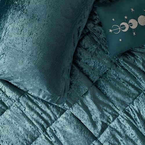 Intelligent Design King Duvet Cover Set, Velvet King Duvet Set, Luxury Diamond Quilting Teal Duvet Cover, Fluffy Duvet Cover with Decorative Pillow and 2 Shams, 4 Pieces, Teal, King/Cal King
