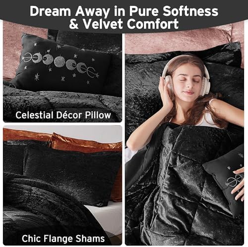 Intelligent Design Queen Duvet Cover Set, Velvet Queen Duvet Set, Luxury Diamond Quilting Black Duvet Cover, Fluffy Duvet Cover with Decorative Pillow and 2 Shams, 4 Pieces, Black, Full/Queen