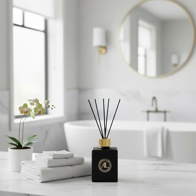 Reed Diffuser - Fragrance Diffuser for Home - 5 oz. Oil Diffuser Sticks - Bathroom Diffuser Set- Oil Diffuser Reeds - Scent Sticks in Oil-Office Smell Good Stuff (Black, Rustic Amber)