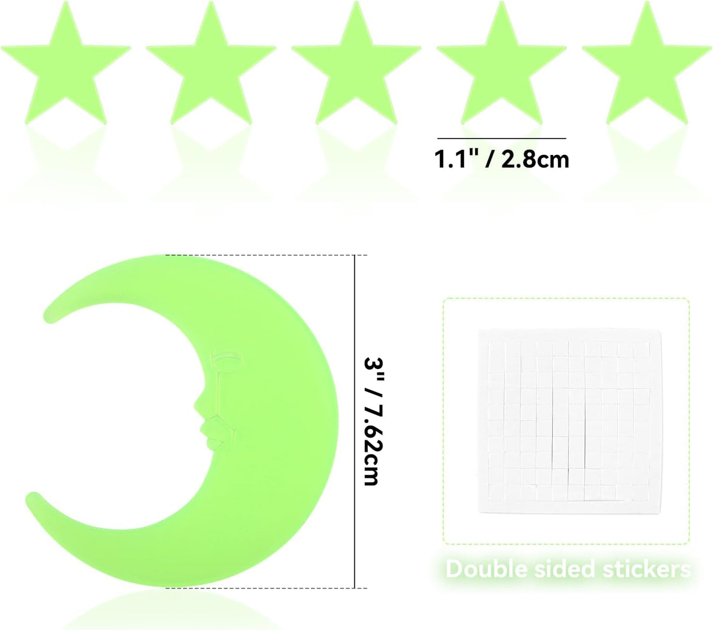 100 Stars and 1 Moon Glow in The Dark Luminous Fluorescent 3D Plastic Glow Stars Moon for Ceiling, Glowing Wall Stickers Create a Realistic Starry Sky, Room Decorations (Green)