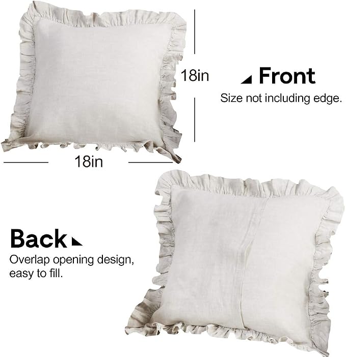 100% French Linen Throw Pillow Covers - Set of 2 - Washed Flax Decorative Ruffled Square Cushion Cover Solid Color Soft Breathable - Linen, 18'' x 18''