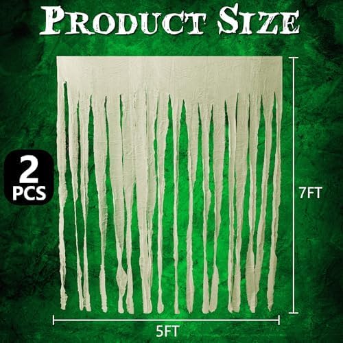 RunNico 2Pcs 85" x 60" Large Halloween Door Curtain Decoration, White Gauze Doorway Curtain, Creepy Cloth Strip Drape for Halloween Horror Theme Party Haunted House Costume Decor
