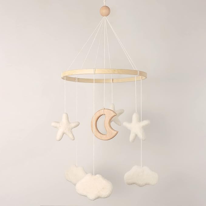 Mobile for Crib - Baby Mobile for Crib - Baby Crib Mobile - Crib Mobile for Girls, Boys - Baby Mobile for Bassinet - Gender Neutral Color Theme - Felt Cloud, Felt Star, Wood Moon