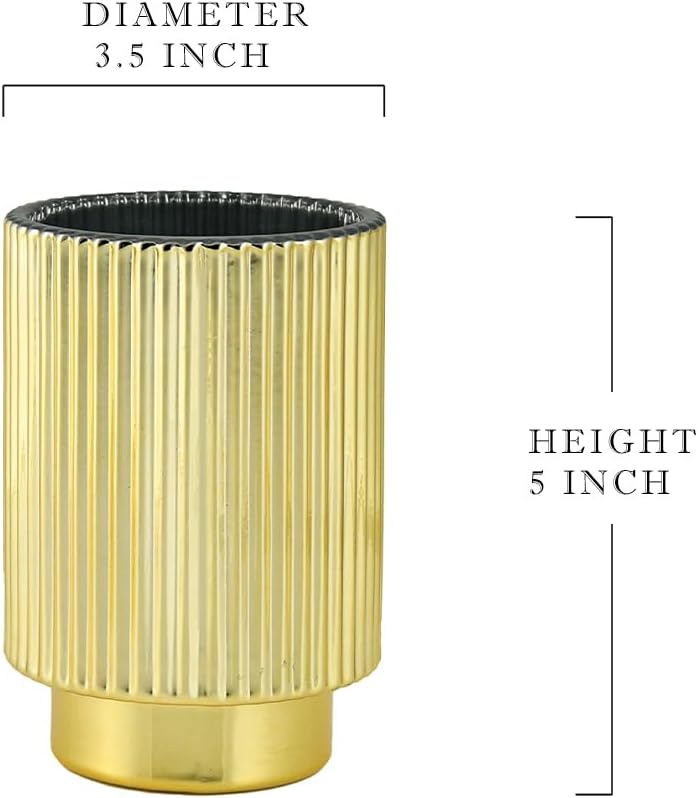 Serene Spaces Living Gold Ribbed Pedestal Glass Votive Holder, Table Centerpiece, Home, Office, Wedding, Birthday, Holiday & Special Events Decor, 3.5" Diameter & 5" Tall