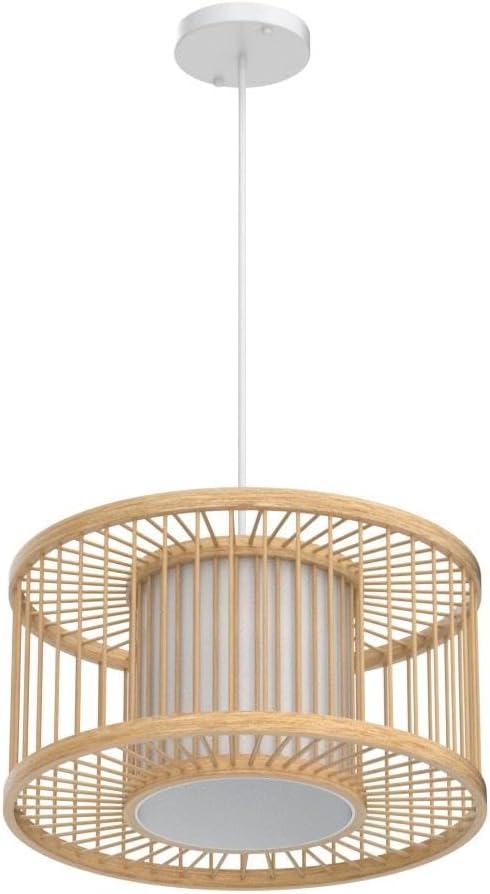 Boho Rattan Pendant Lights, 15.8" Coastal Drum Wicker Hanging Light Japanese Country Light for Dining Room Kitchen Living Room Bedroom, 1-Light E26 Base