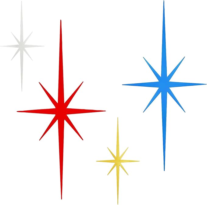 4 Pack Metal Star Wall Art 8 Pointed Starburst Wall Decor Set with 2 Large & 2 Small Pieces Mid Century Celestial Metal Wall Sculpture for Bedroom Living Room Office Gallery Wall
