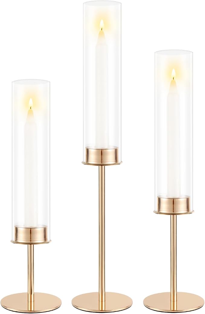 POKINE Gold Candle Holders Set of 3 for Glass Taper Candle Holders,Hurricane Candlestick Holder for Home Decor, Wedding, Dinning, Party Decorative, Anniversary (3,Gold)