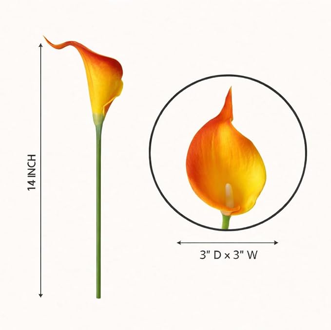 Floral Kingdom 20 Pack Artificial Calla Lily Flowers 14 Inch Yellow-Orange – Real Touch Faux Flowers for Table Centerpieces, Home Decor and Weddings