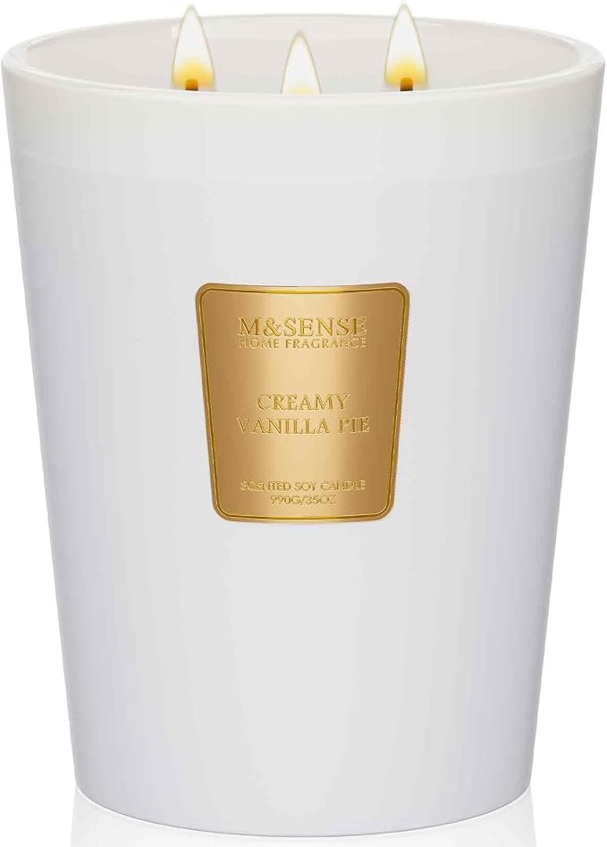 M&SENSE Creamy Vanilla Pie Soy Candle, 35oz 3-Wick, Cozy Baking Gift | 150H Long Burn, Non-Toxic, Large Jar, Cozy Housewarming Gift, Stress Relief, Relaxing Home Fragrance