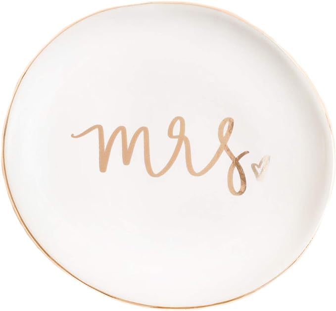 Sweet Water Decor Mrs. Engagement Ring Dish - Ceramic Wedding Ring Dish Holder for Future Mrs - Ring Tray for Jewelry with Gold Foil Accents & Designs - Jewelry Dishes for Women Fiance & Bridal Shower
