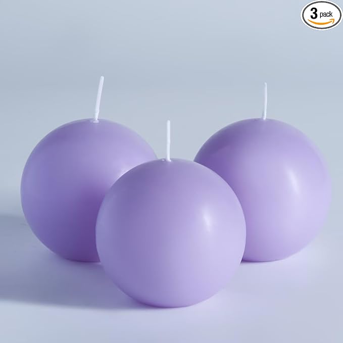 MOZEAL Hand-Poured, 3 Inch Lavender Round Ball Candles - Elegant Lavender Round Pillar Candles Set of 3, Dripless, Unscented, Smokeless, Ideal for Spa and Relaxation Themes.