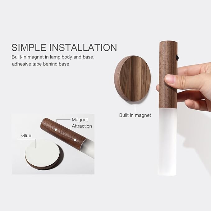 LANDGOO Wooden Motion Sensor RGB Night Lights Indoor, Magnet Body Hallway Rechargeable LED Wireless Battery Operated Wall Sconce (Walnut Wood 2P)