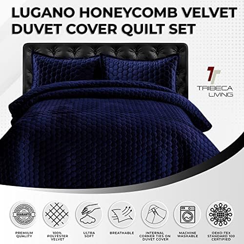 Tribeca Living Velvet King Quilt Set - Three-Piece Honeycomb Stitch Bedding, Super Soft 260GSM Velvet, Oversized Quilt and Two Sham Pillowcases, Navy Blue