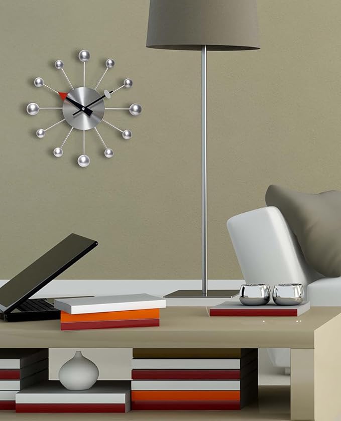 Infinity Instruments Orb Spoke Midcentury Modern 15 inch Retro Starburst Ball Wall Clock Quiet Quartz Movement Mid Century Modern Decorative (Silver)