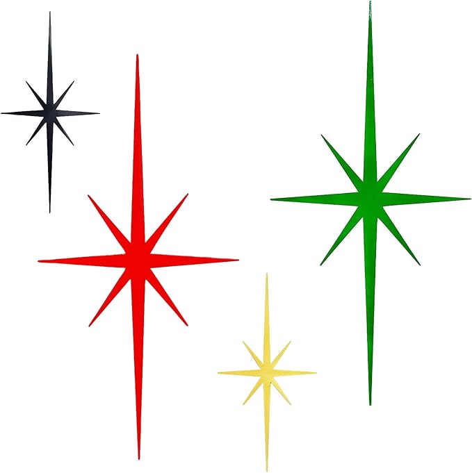 4 Pack Metal Star Wall Art 8 Pointed Starburst Wall Decor Set with 2 Large & 2 Small Pieces Mid Century Celestial Metal Wall Sculpture for Bedroom Living Room Office Gallery Wall