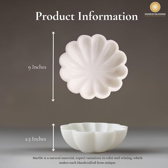 SWADESHI BLESSINGS HandCrafted Marble Decorative Bowl | White Ruffle Scalloped Fluted Key/Fruit Ring Dish | Organic Modern Home Decor (9 Inches)