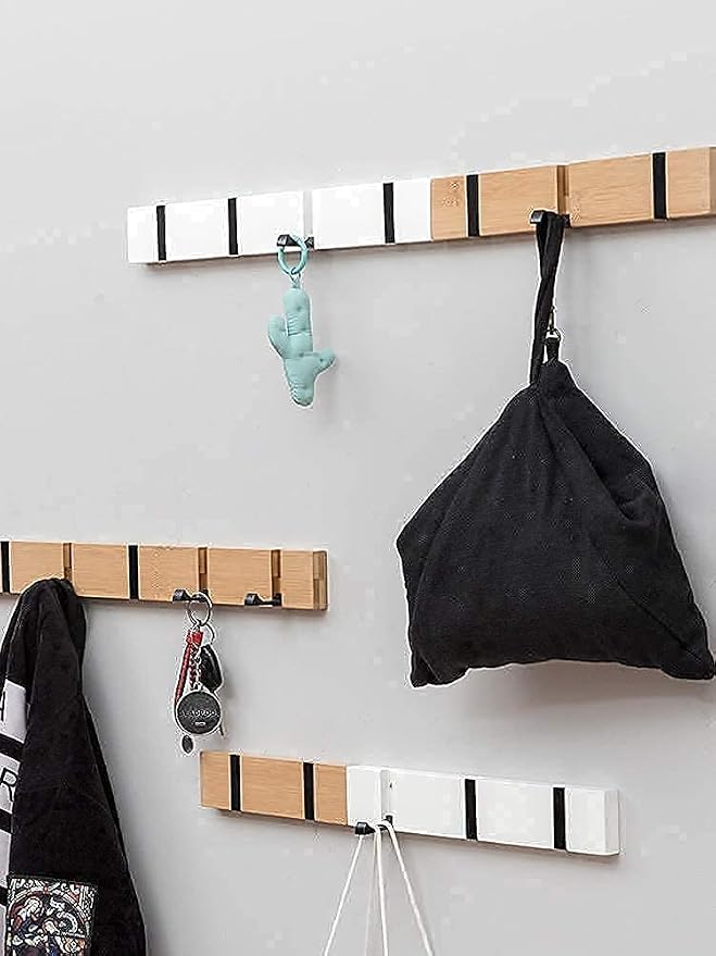 KYSMOTIC Wall Mounted Coat Rack with Foldable Hooks - Modern Space-Saving Wooden Entryway Organizer for Coats, Bags, Hats, Keys (4 Hooks, Natural Finish