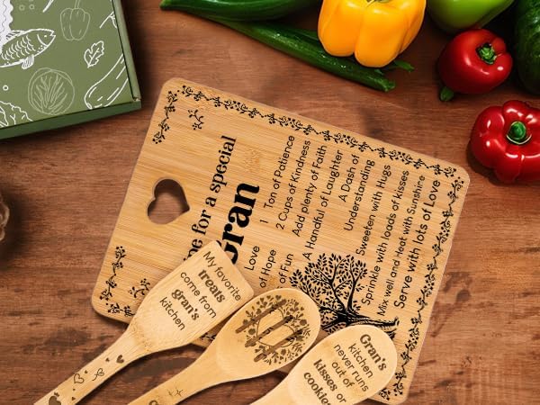 Gran Gifts - "Recipe for a Special Gran" Gran Gifts for Grandma Cutting Board Set, Bamboo-Made Engraved Utensil Set Gifts for Gran Cutting Board, Mothers Day Gifts for Gran.