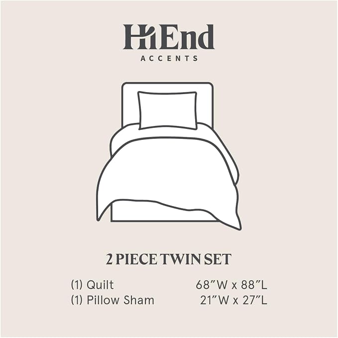 HiEnd Accents Velvet Diamond 3 Piece Quilt Set with Pillow Shams, Twin Size, Oatmeal Solid Color, Classic Traditional Luxury Bedding Set, Soft Lightweight Bed Cover, 1 Quilt and 2 Pillowcases