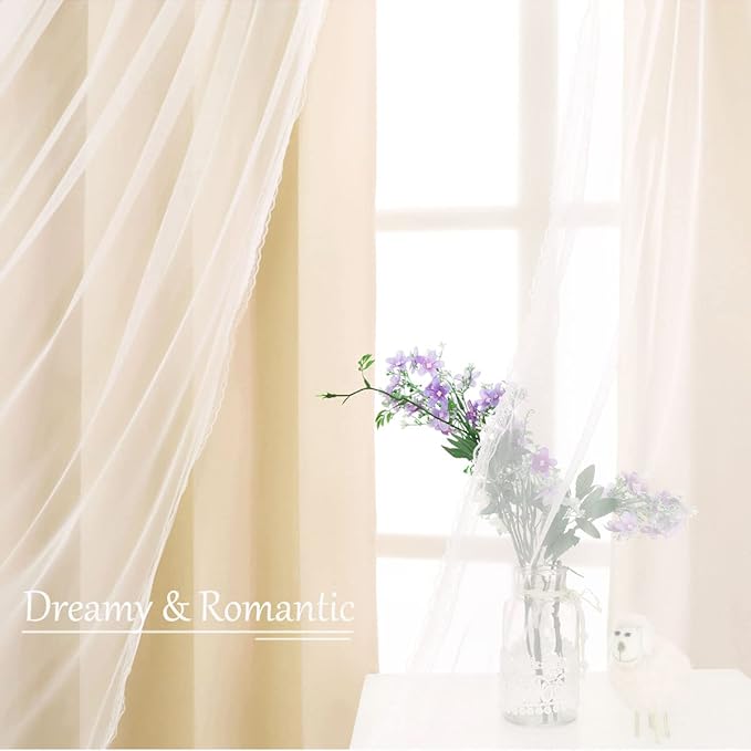 Beige Blackout Curtains 63 Inch Long, Double Layers Light Blocking Crushed Voile Sheer Overlap Drapes for Nursery and Girls Bedroom, Cortinas para sala (W52 x L63, Biscotti Beige, 2 PCs)