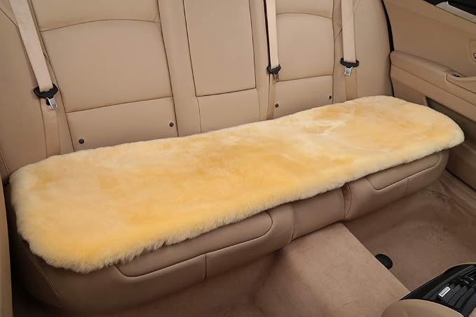 OGLAND Fuzzy Genuine Sheepskin Car Rear Seat Cover for Kids Dogs Pets Auto Bench Back Cushion Interior Accessories with Soft Fluffy Wool Natural Fur, Golden Yellow