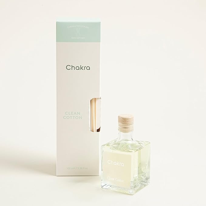 Chakra Reed Diffuser Set - Reed Diffusers for Home, Office and Living Spaces with Long-Lasting Fragrance, Scent Diffuser with Decorative Glass Bottle & Bamboo Sticks, 3.3 fl oz, Clean Cotton