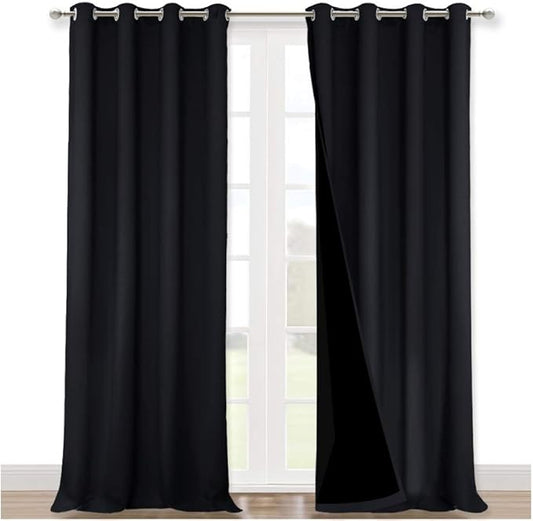 NICETOWN Cold Blocking 100% Blackout Curtains, Durable Black Lined Blackout Curtains for Bedroom, Energy Saving Long Curtains for Patio Sliding Glass Door, Black, 52 inches x 95 inches, 2 Panels
