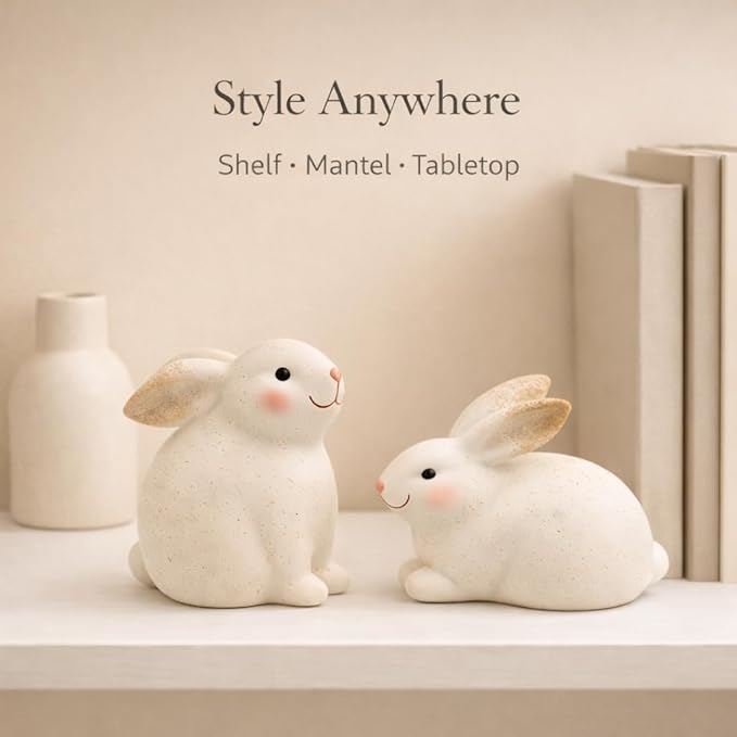 GoGnome Set of 2 Resin Easter Bunny Figurines – Speckled Ivory Rabbit Decor, Hand-Painted Spring Home Accents for Shelf, Mantel & Tabletop Easter Decoration Indoor (Off White)