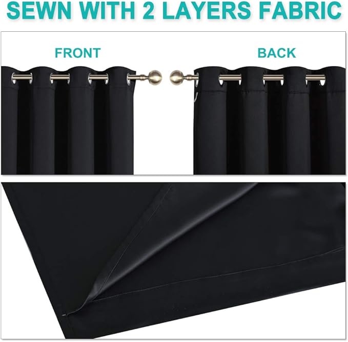 NICETOWN Complete 100% Blackout Curtain Set, Thermal Insulated & Energy Efficiency Window Draperies with Black Liner, Noise Reducing Short Curtains for Kids Room (Black, 46"W by 54"L, Double Panels)