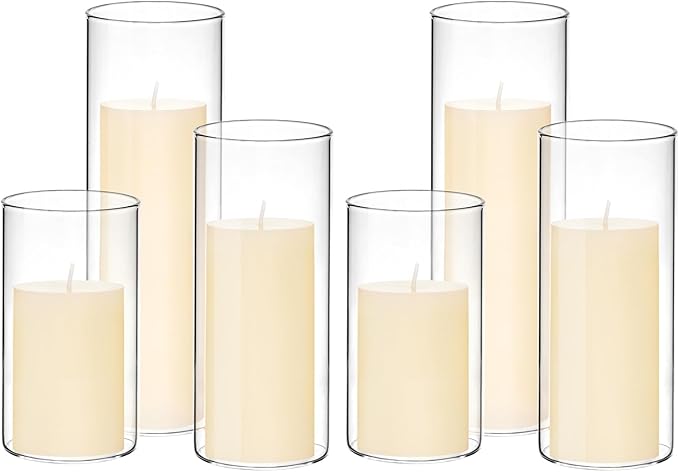 Set of 6 White Pillar Candles with Clear Glass Hurricane Holders- Elegant Cylinder Candle Vases for Weddings, Parties, Centerpieces, Home & Office Decor (Lvory White, 6 Set)
