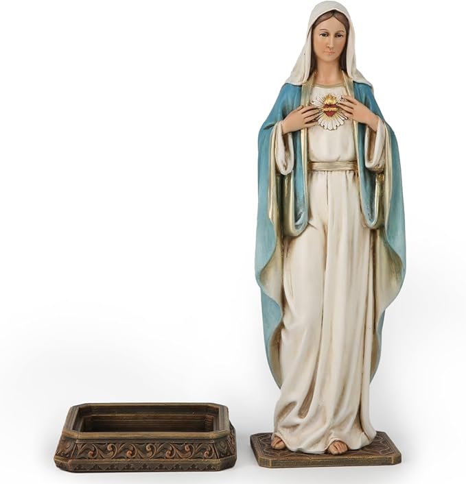 BC Catholic Immaculate Heart Mary Statue, 10" H Blessed Virgin Mary Figure for Altar, Holy Mother with Rosary Holder for Prayer Note, Religious Gift to Mon, Catholic Decor, Handmade by Buildclassic