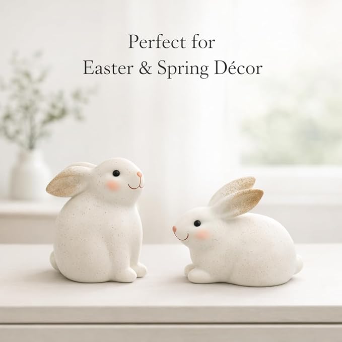GoGnome Set of 2 Resin Easter Bunny Figurines – Speckled Ivory Rabbit Decor, Hand-Painted Spring Home Accents for Shelf, Mantel & Tabletop Easter Decoration Indoor (Off White)