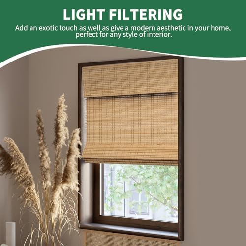 SMONTER Bamboo Roman Shades for Windows-Cordless Wooden Woven Blinds Light Filtering Bamboo Roll up Shades UV Protection and Easy Set up for Door and Countryhouse, 28" W x 64" H, Natural