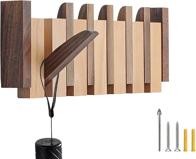 Coat Rack Wall Mount Wood, Wood Coat Rack Wall Mount with 6 Flip-Down Magnetic Hooks Piano Wall Coat Hanger for Entryway, Bathroom, Bedroom, Kitchen